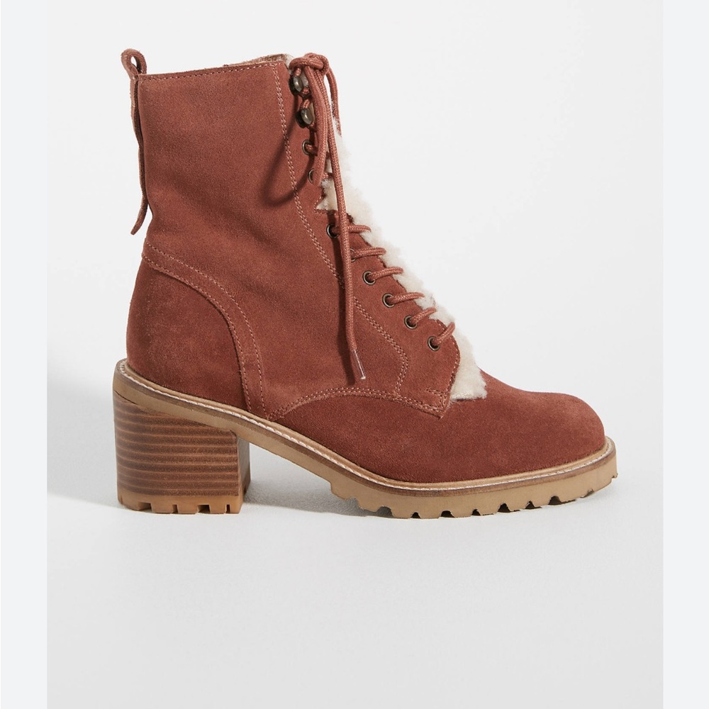 Seychelles Women's Irresistible Leather Faux Fur Combat Boot EUC US 8.5 Cognac